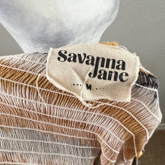 Savanna Jane Smocked Bell Sleeve Boho Top Women's M Yellow Serape Print Ruffle - Picture 7 of 8